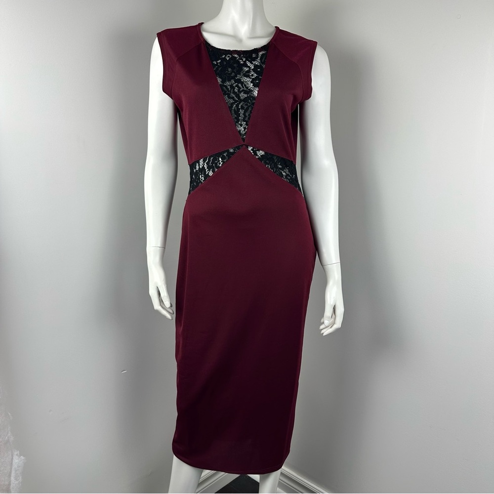 Pink Martini Midi Dress Medium Sleeveless Burgundy with Black Lace Insets